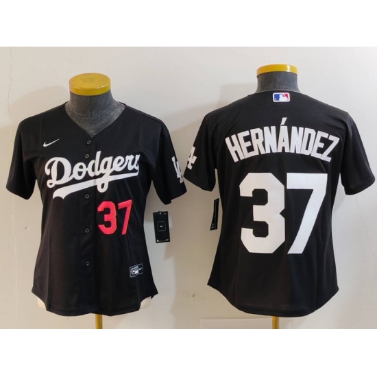 Women's Los Angeles Dodgers #37 Teoscar Hernandez Number Black Cool Base Stitched Jersey - Ujersey