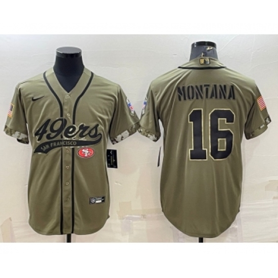 Men's San Francisco 49ers #16 Joe Montana 2022 Olive Salute to Service Cool Base Stitched Baseball Jersey - Ujersey