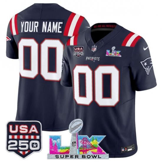 Men's New England Patriots Active Player Custom Navy 2025 F.U.S.E. Super Bowl LX & USA 250' Patch Vapor Limited Football Stitched Jersey - ujerseystore
