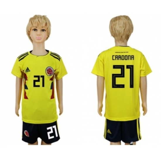 Colombia #21 Cardona Home Kid Soccer Country Jersey
