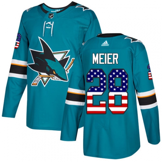 Men's Adidas San Jose Sharks #28 Timo Meier Authentic Teal Green USA Flag Fashion NHL Jersey - Ujersey