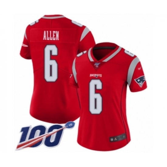 Women's New England Patriots #6 Ryan Allen Limited Red Inverted Legend 100th Season Football Jersey - Ujersey