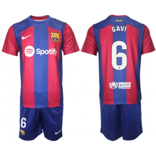 Men's Barcelona #6 Gavi Blue Red 2023-24 Home Soccer Jersey