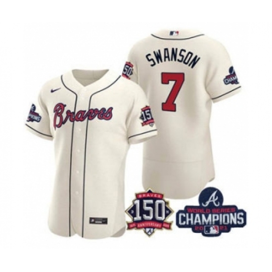 Men's Atlanta Braves #7 Dansby Swanson 2021 Cream World Series Champions With 150th Anniversary Flex Base Stitched Jersey - Ujersey