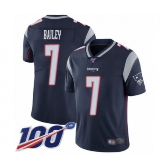 Men's New England Patriots #7 Jake Bailey Navy Blue Team Color Vapor Untouchable Limited Player 100th Season Football Jersey - Ujersey