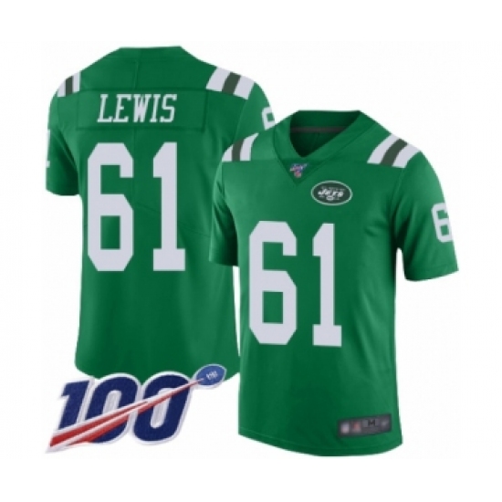 Men's New York Jets #61 Alex Lewis Limited Green Rush Vapor Untouchable 100th Season Football Jersey - Ujersey