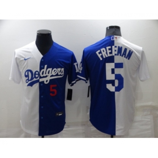 Mens Los Angeles Dodgers #5 Freddie Freeman White Blue Split Cool Base Stitched Baseball Jersey - Ujersey