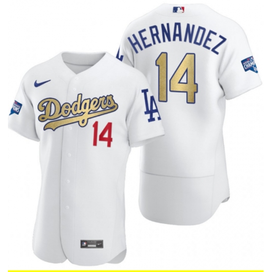 Men's Los Angeles Dodgers #14 Enrique Hernandez Olive Gold 2020 World Series Champions Authentic Jersey - Ujersey