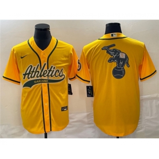 Men's Oakland Athletics Yellow Team Big Logo Cool Base Stitched Baseball Jersey 003 - Ujersey