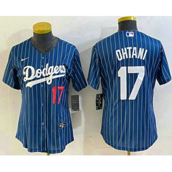 Women's Los Angeles Dodgers #17 Shohei Ohtani Number Blue Pinstripe Cool Base Stitched Baseball Jersey1 - Ujersey