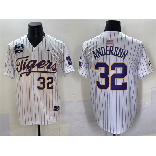 Men's LSU Tigers #32 Kade Anderson White Pinstripe 2025 World Series & SEC Patch Stitched Baseball Jersey
