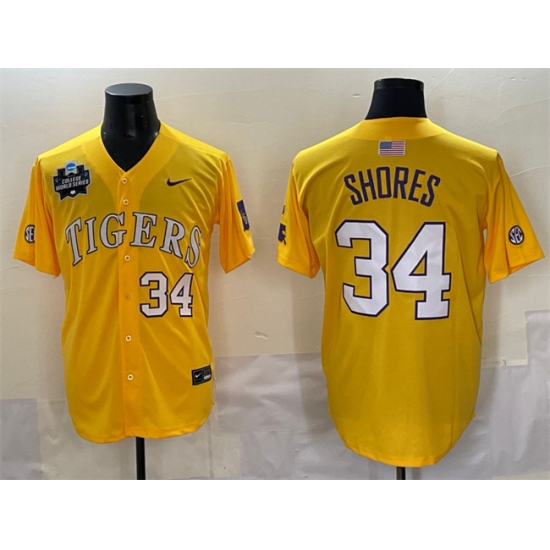 Men's LSU Tigers #34 Chase Shores Gold 2025 World Series & SEC Patch Stitched Baseball Jersey - Ujersey