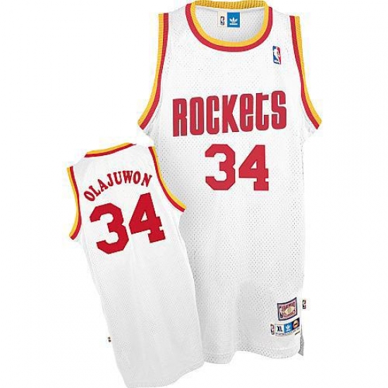 Men's Mitchell and Ness Houston Rockets #34 Hakeem Olajuwon Authentic White Throwback NBA Jersey - Ujersey