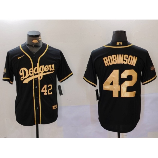 Men's Los Angeles Dodgers #42 Jackie Robinson Number Black Gold World Series Champions Cool Base Stitched Jersey - Ujersey