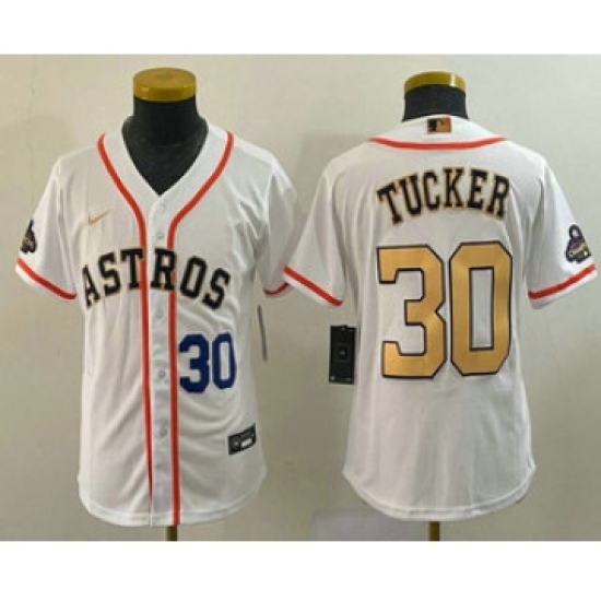 Youth Houston Astros #30 Kyle Tucker Number 2023 White Gold World Serise Champions Cool Base Stitched Jersey1 - Ujersey