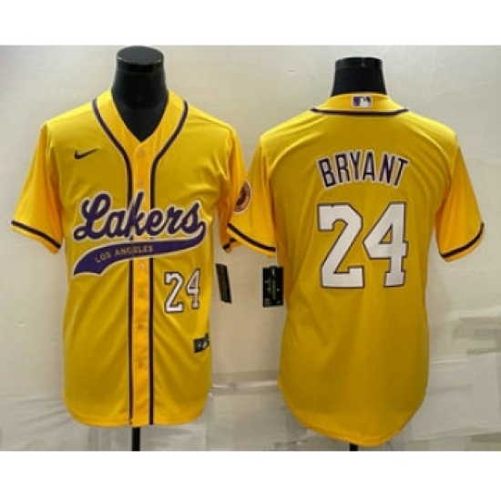 Men's Los Angeles Lakers #24 Kobe Bryant Number Yellow With Cool Base Stitched Baseball Jersey - Ujersey