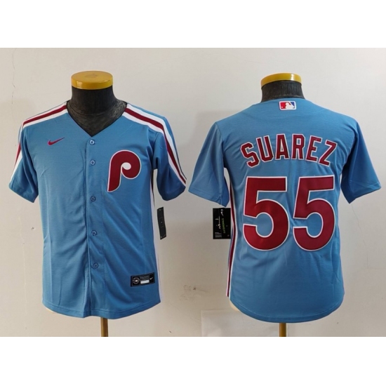 Youth Philadelphia Phillies #55 Ranger Suarez Light Blue Cooperstown Cool Base Jersey - Ujersey