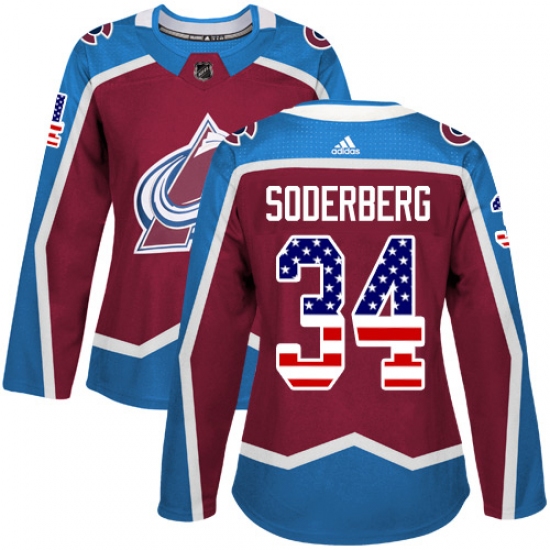Women's Adidas Colorado Avalanche #34 Carl Soderberg Authentic Burgundy Red USA Flag Fashion NHL Jersey