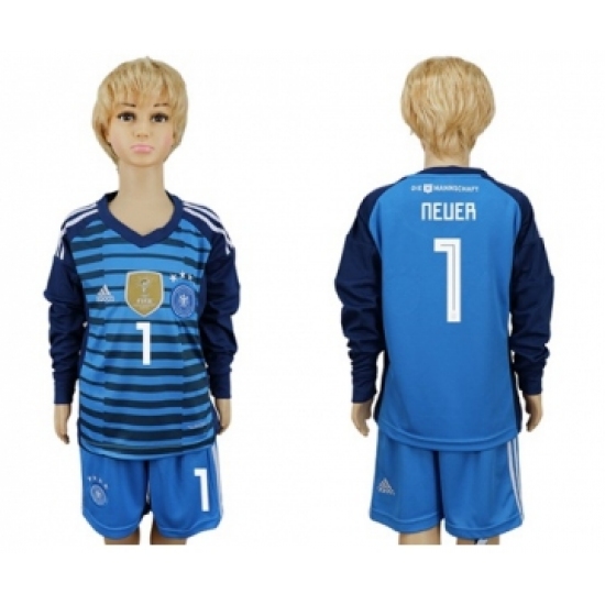 Germany #1 Neuer Blue Long Sleeves Kid Soccer Country Jersey