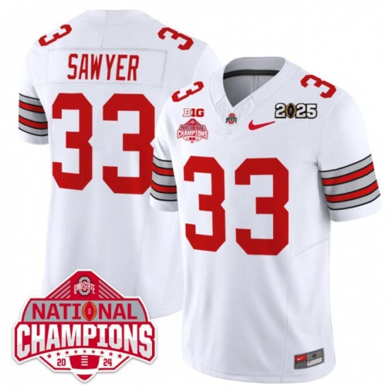 Men's Ohio State Buckeyes #33 Jack Sawyer White 2025 CFP Final With National Champions F.U.S.E. Vapor Limited Stitched Football Jersey