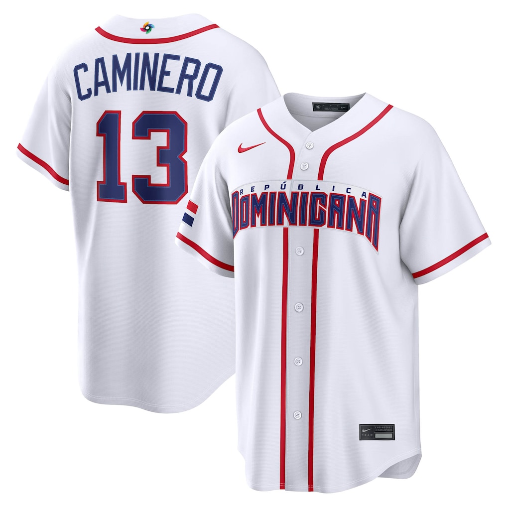 Men's Dominican Republic Baseball Junior Caminero Nike White 2026 World Baseball Classic Home Stadium Jersey