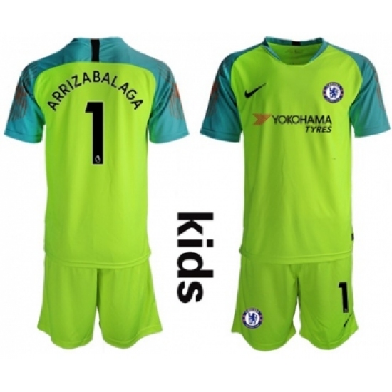 Chelsea #1 Arrizabalaga Shiny Green Goalkeeper Kid Soccer Club Jersey