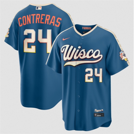 Men's Milwaukee Brewers #24 William Contreras Mineral Blue 2026 City Connect Stadium Stitched Stitched Baseball Jersey - Ujersey