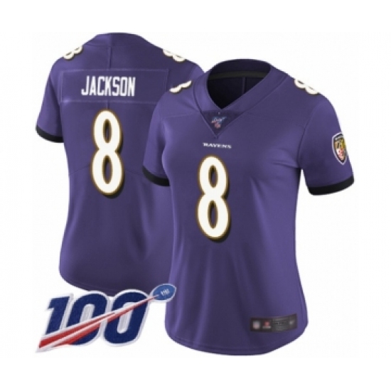 Women's Nike Baltimore Ravens #8 Lamar Jackson Purple Team Color Vapor Untouchable Limited Player 100th Season NFL Jersey - Ujersey