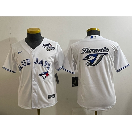 Youth Toronto Blue Jays Team Big Logo White 2025 World Series Home Cool Base Stitched Baseball Jersey - Ujersey