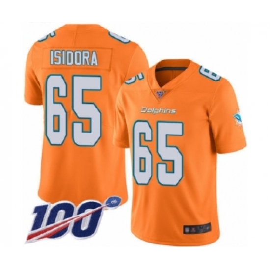 Youth Miami Dolphins #65 Danny Isidora Limited Orange Rush Vapor Untouchable 100th Season Football Jersey - Ujersey