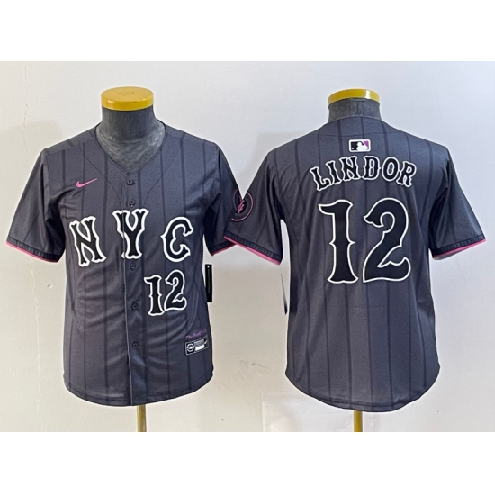 Youth New York Mets #12 Francisco Lindor Number Grey 2024 City Connect Cool Base Stitched Jersey - Ujersey