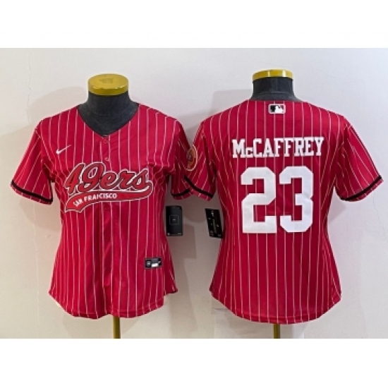 Women's San Francisco 49ers #23 Christian McCaffrey Red Pinstripe With Patch Cool Base Stitched Baseball Jersey - Ujersey