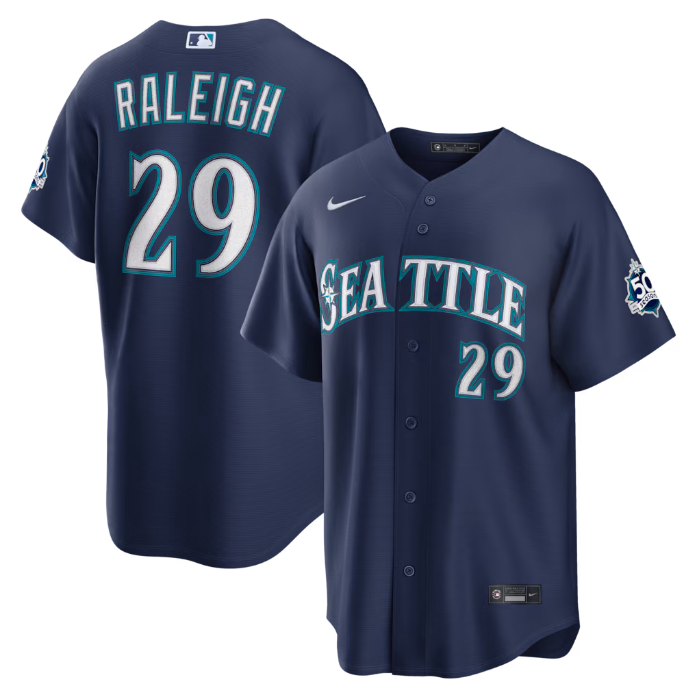 Men's Seattle Mariners Cal Raleigh Nike Navy Road Stadium 50th Season Patch Jersey - Ujersey