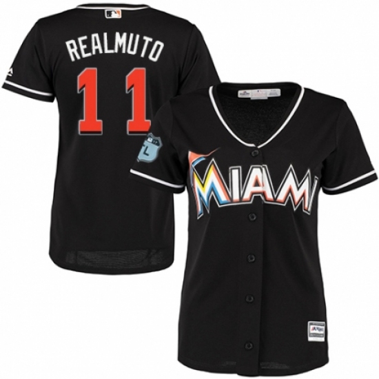 Women's Majestic Miami Marlins #11 J. T. Realmuto Replica Black Alternate 2 Cool Base MLB Jersey - Ujersey