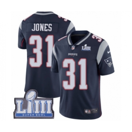 Men's Nike New England Patriots #31 Jonathan Jones Navy Blue Team Color Vapor Untouchable Limited Player Super Bowl LIII Bound NFL Jersey - Ujersey