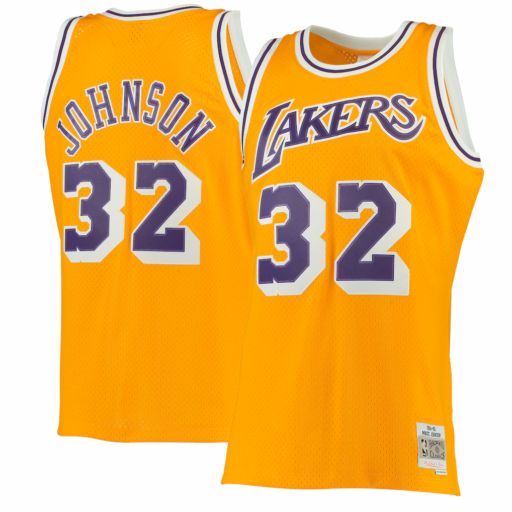 Men's Los Angeles Lakers Magic Johnson Mitchell & Ness Gold 1984/85 Hardwood Classics Swingman Jersey - Vujersey Los Angeles Rams