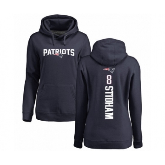 Football Women's New England Patriots #8 Jarrett Stidham Navy Blue Backer Pullover Hoodie - Ujersey