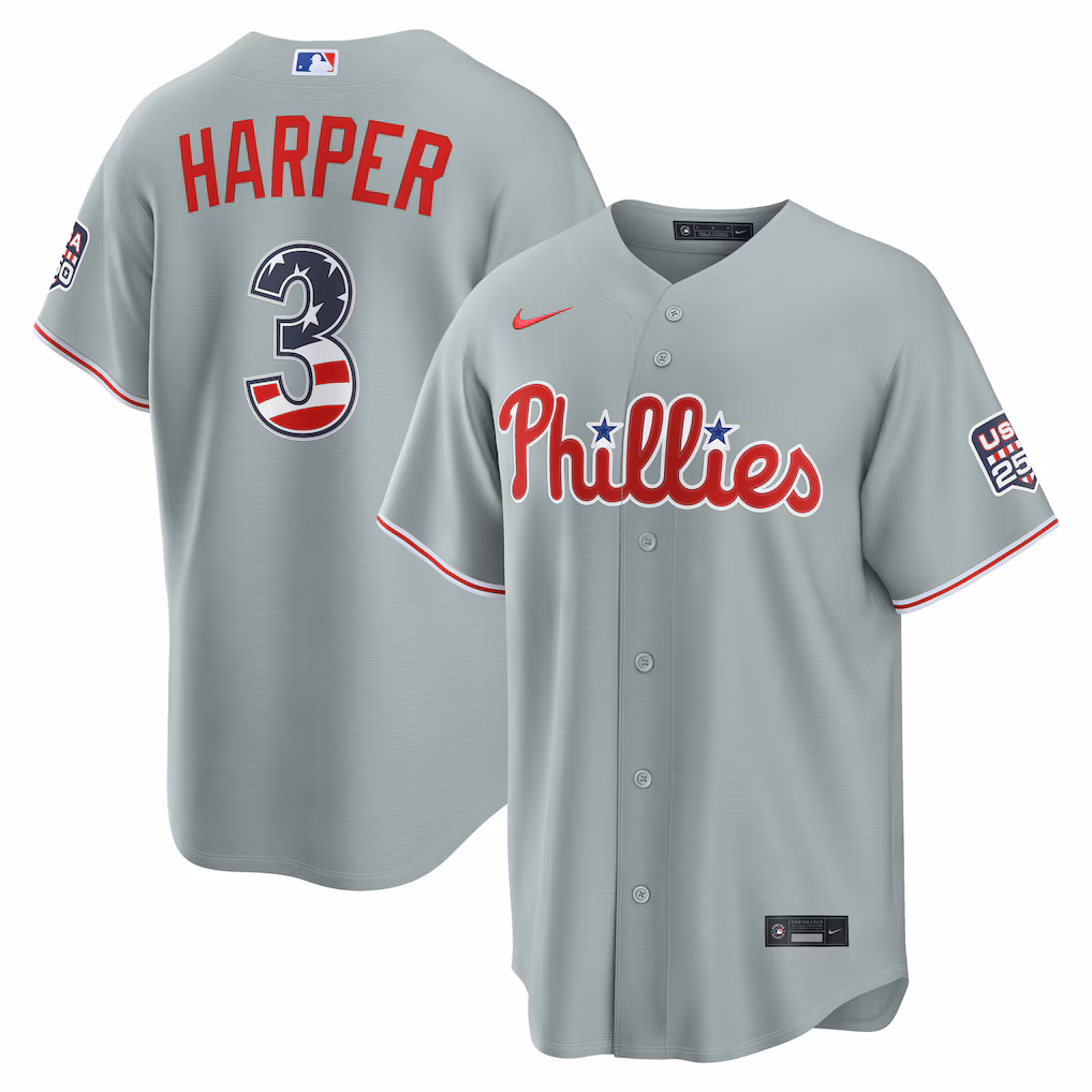 Men's Philadelphia Phillies Bryce Harper Nike Gray USA 250 Fourth of July Road Stadium Jersey - Ujersey