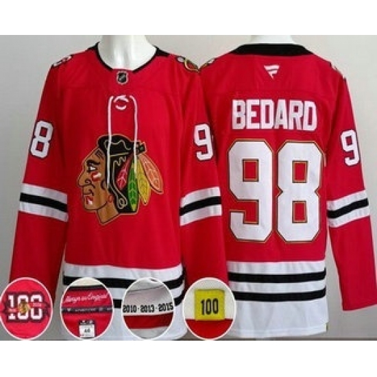 Men's Chicago Blackhawks #98 Connor Bedard Red 100 Years Anniversary Authentic Jersey - Ujersey
