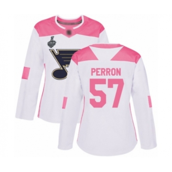 Women's St. Louis Blues #57 David Perron Authentic White Pink Fashion 2019 Stanley Cup Final Bound Hockey Jersey - Ujersey