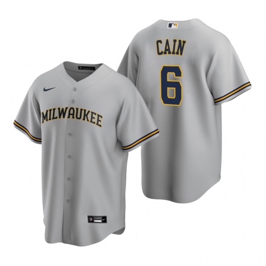 Men's Nike Milwaukee Brewers #6 Lorenzo Cain Gray Road Stitched Baseball Jersey - Ujersey