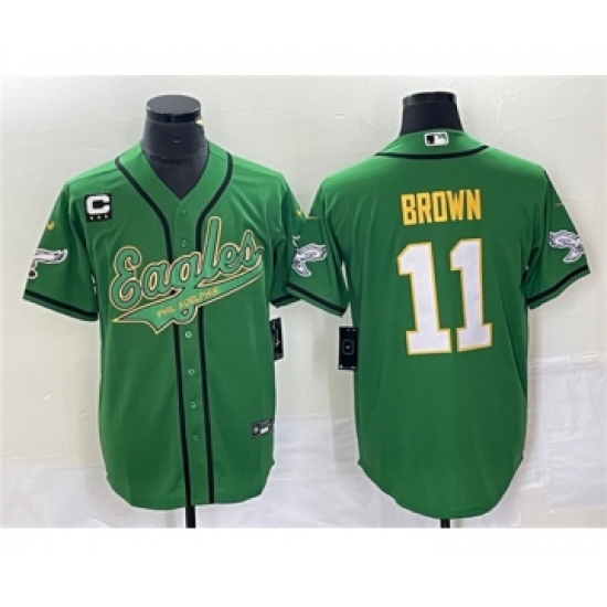 Men's Nike Philadelphia Eagles #11 A. J. Brown Green Gold C Cool Base Baseball Stitched Jersey - Ujersey