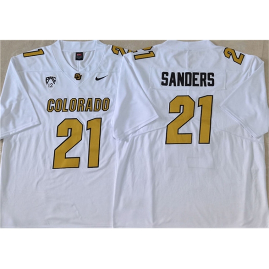 Men's Colorado Buffaloes #21 Shilo Sanders White 2023 With PAC-12 Patch Stitched Football Jersey - Ujersey