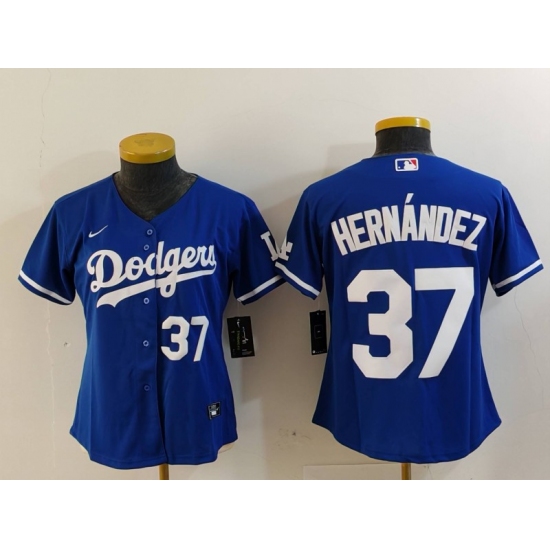 Women's Los Angeles Dodgers #37 Teoscar Hernandez Number Blue Cool Base Stitched Jerseys - Ujersey