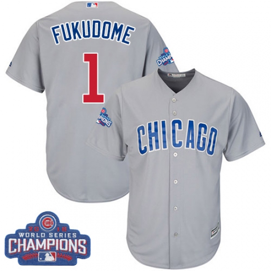 Youth Majestic Chicago Cubs #1 Kosuke Fukudome Authentic Grey Road 2016 World Series Champions Cool Base MLB Jersey - Ujersey