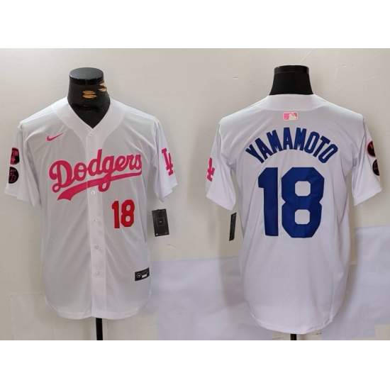 Men's Los Angeles Dodgers #18 Yoshinobu Yamamoto White Pink Vin & Kobe Stitched Baseball Jerseys - ujerseystore