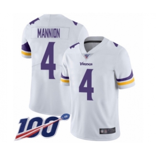Men's Minnesota Vikings #4 Sean Mannion White Vapor Untouchable Limited Player 100th Season Football Jersey - Ujersey
