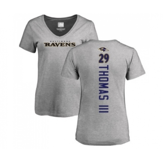 Football Women's Baltimore Ravens #29 Earl Thomas III Ash Backer V-Neck T-Shirt - Ujersey