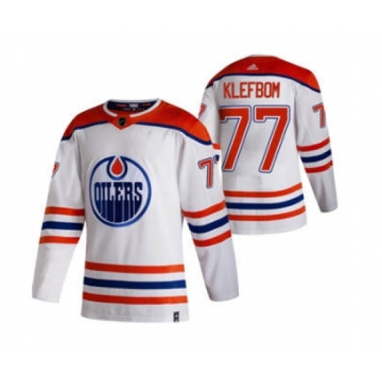 Men's Edmonton Oilers #77 Oscar Klefblom White 2020-21 Reverse Retro Alternate Hockey Jersey - Ujersey