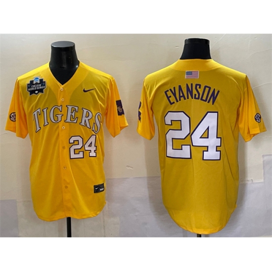 Men's LSU Tigers #24 Anthony Eyanson Gold 2025 World Series & SEC Patch Stitched Baseball Jersey - Ujersey